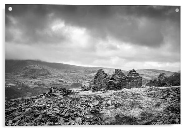 Abandoned Cottage Dinorwic Slate Quarry, Llanberis - Snowdonia National Park, Wales - Monochrome / Black and White Landscape Acrylic by Christine Smart