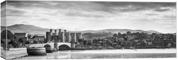 Conwy Castle and Quay - Monochrome Black and White Panoramic Landscape Seascape Canvas Print by Christine Smart