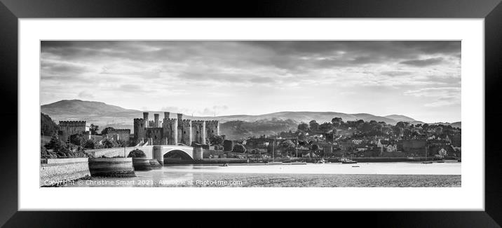 Conwy Castle and Quay - Monochrome Black and White Panoramic Landscape Seascape Framed Mounted Print by Christine Smart