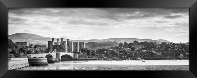 Conwy Castle and Quay - Monochrome Black and White Panoramic Landscape Seascape Framed Print by Christine Smart