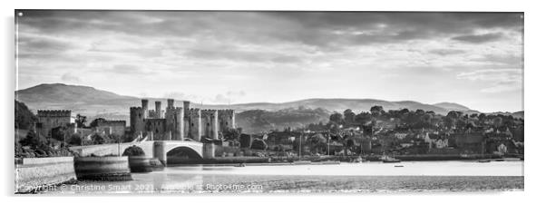 Conwy Castle and Quay - Monochrome Black and White Panoramic Landscape Seascape Acrylic by Christine Smart