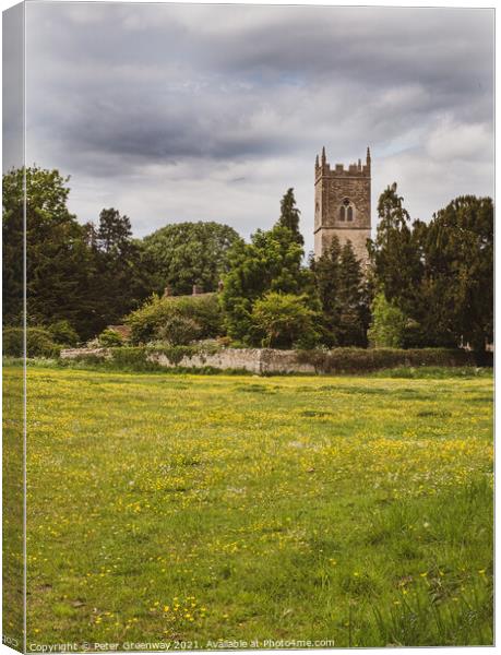 The Tower Of Straton Audley Parish Church, Oxfordshire From Across The Meadow Canvas Print by Peter Greenway