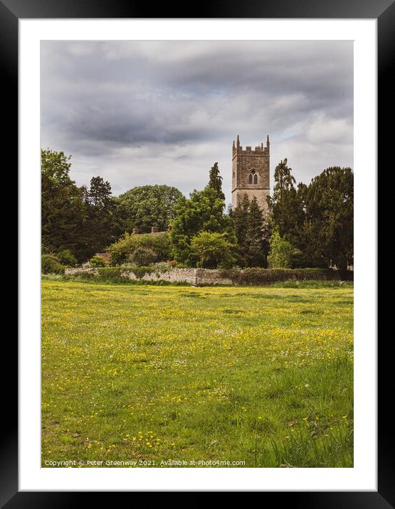 The Tower Of Straton Audley Parish Church, Oxfordshire From Across The Meadow Framed Mounted Print by Peter Greenway