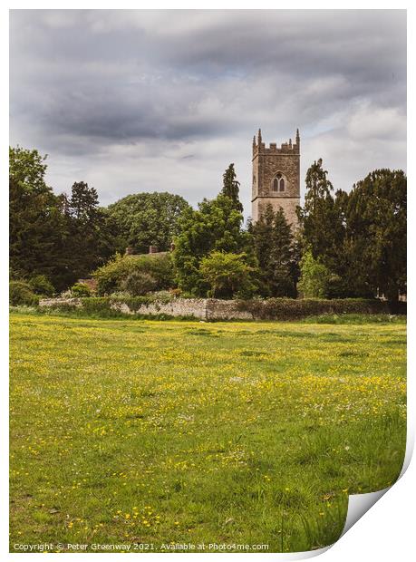 The Tower Of Straton Audley Parish Church, Oxfordshire From Across The Meadow Print by Peter Greenway