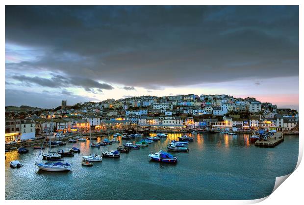 Brixham Harbour at dusk Print by kevin wise