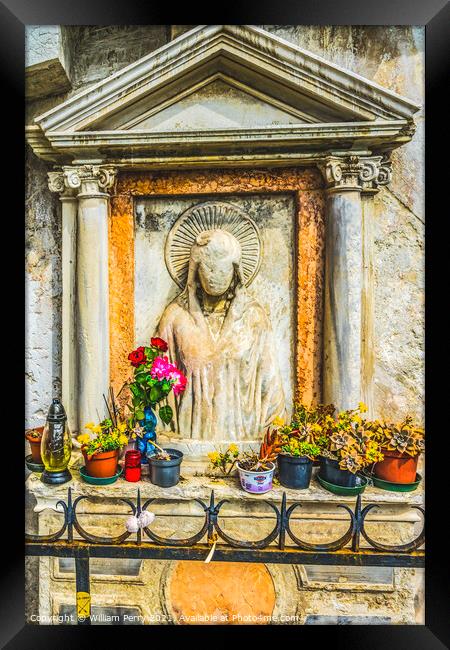 Mary Statue Street Shrine Neighborhoods Venice Italy  Framed Print by William Perry