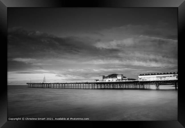 Cloudy Sunset over Colwyn Bay Pier - Monochrome/Black and White Seascape North Wales Landmark - Coast/Seaside Framed Print by Christine Smart