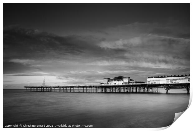 Cloudy Sunset over Colwyn Bay Pier - Monochrome/Black and White Seascape North Wales Landmark - Coast/Seaside Print by Christine Smart
