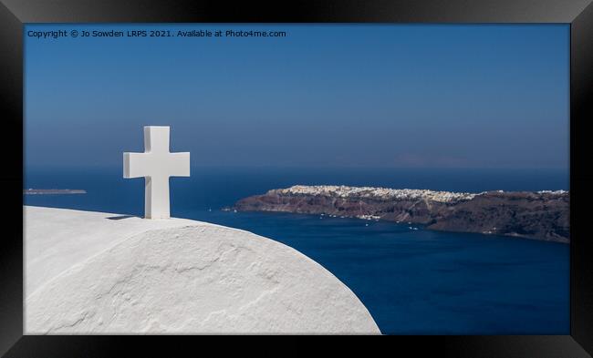 Oia in the distance, Santorini Framed Print by Jo Sowden