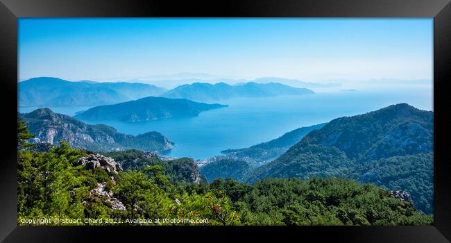 Panoramic  view of turquoise sea and mountains Framed Print by Travel and Pixels 