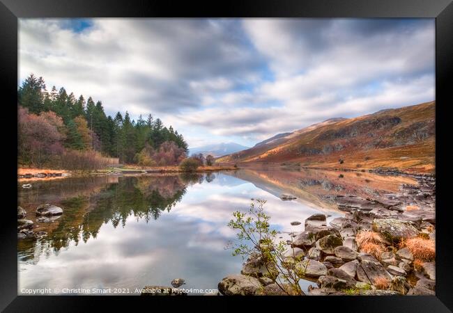 Lake Reflection at Llyn Mymbyr Snowdonia National Park North Wales Autumn Landscape Framed Print by Christine Smart