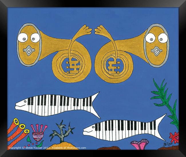 Piano Musical Fish Original Acrylic Painting Print Framed Print by Steve Tucker