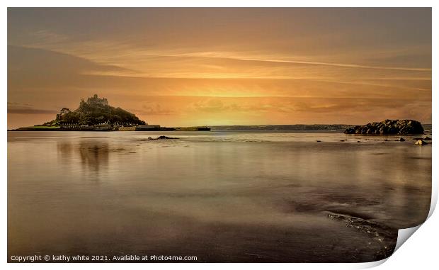 St Michaels, mount Cornwall,  sunset Print by kathy white