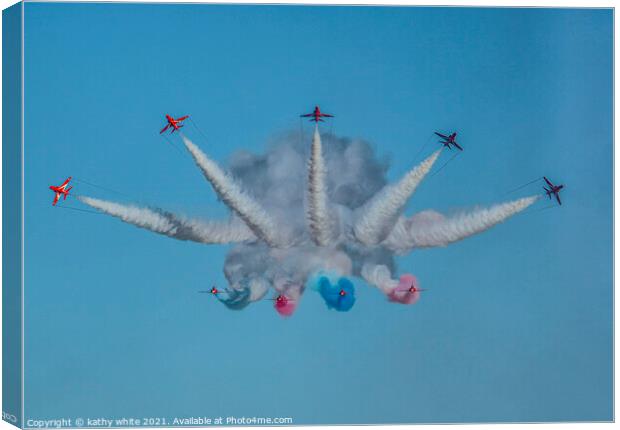 Red arrows, in a cornish sky,smoke trails,  Canvas Print by kathy white