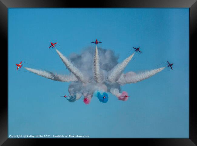 Red arrows, in a cornish sky,smoke trails,  Framed Print by kathy white