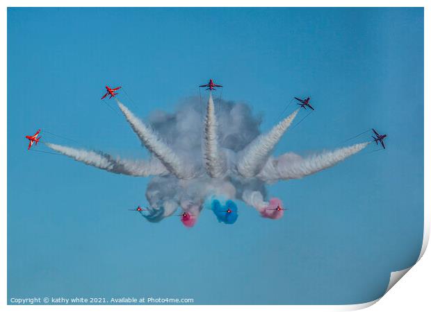 Red arrows, in a cornish sky,smoke trails,  Print by kathy white