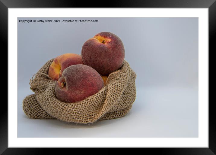 Peaches, ripe in a hessian bag,fresh fruit, Framed Mounted Print by kathy white