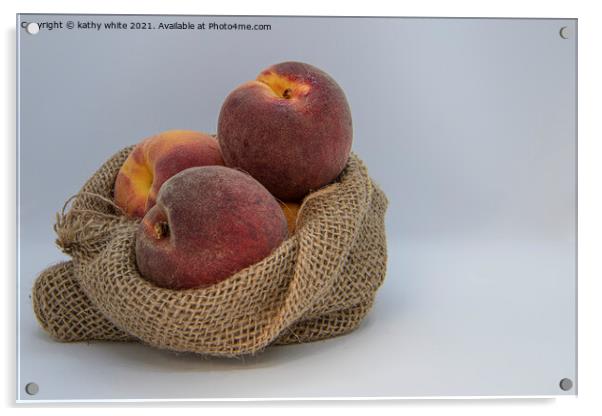 Peaches, ripe in a hessian bag,fresh fruit, Acrylic by kathy white