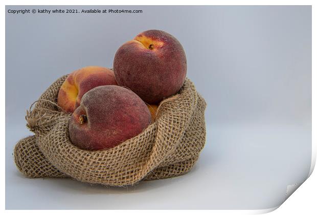 Peaches, ripe in a hessian bag,fresh fruit, Print by kathy white