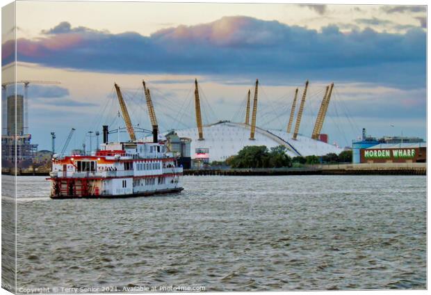 The Dixie Queen paddle boat approaches the O2 Buil Canvas Print by Terry Senior