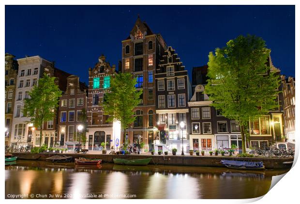 Night view of buildings and boats along the canal in Amsterdam, Netherlands Print by Chun Ju Wu