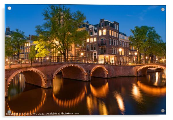 Reflection of bridge along the canal at night in Amsterdam, Netherlands Acrylic by Chun Ju Wu