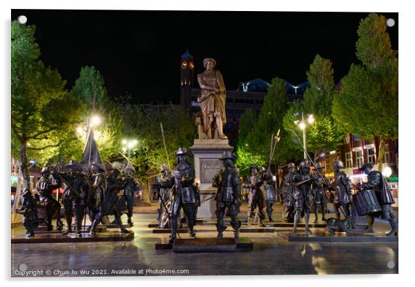 Night view of the sculptures of the Night Watch at the Rembrandtplein in Amsterdam, Netherlands Acrylic by Chun Ju Wu
