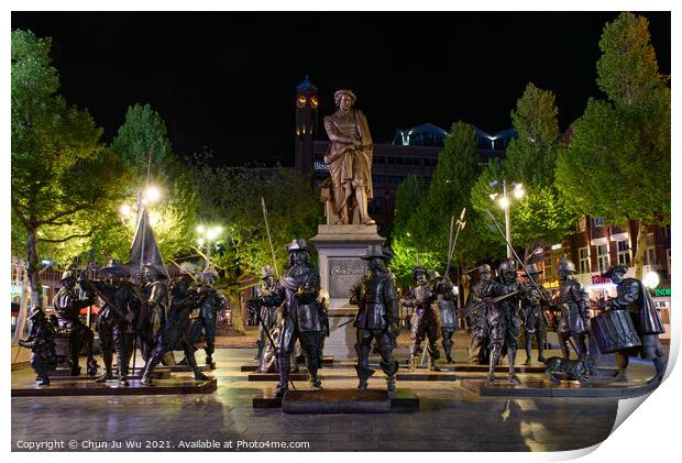 Night view of the sculptures of the Night Watch at the Rembrandtplein in Amsterdam, Netherlands Print by Chun Ju Wu