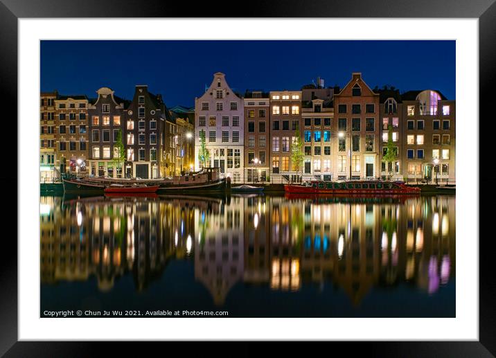 Reflection of the buildings along the canal at night in Amsterdam, Netherlands Framed Mounted Print by Chun Ju Wu