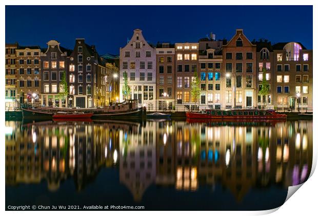 Reflection of the buildings along the canal at night in Amsterdam, Netherlands Print by Chun Ju Wu