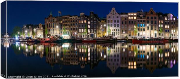 Panorama of the buildings along the canal at night in Amsterdam, Netherlands Canvas Print by Chun Ju Wu
