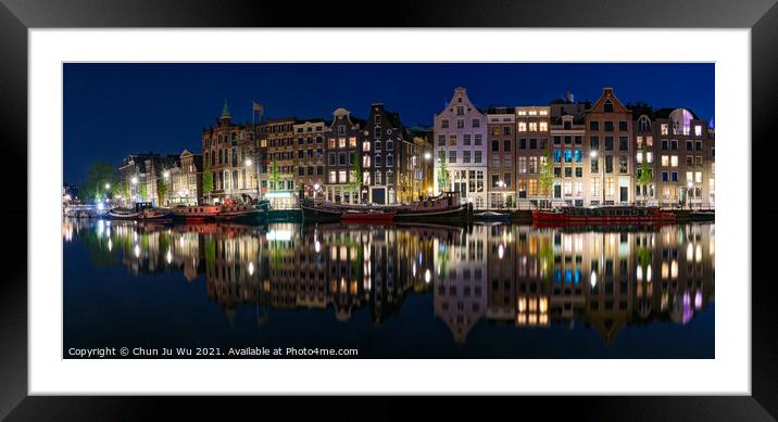 Panorama of the buildings along the canal at night in Amsterdam, Netherlands Framed Mounted Print by Chun Ju Wu
