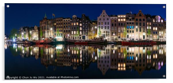 Panorama of the buildings along the canal at night in Amsterdam, Netherlands Acrylic by Chun Ju Wu