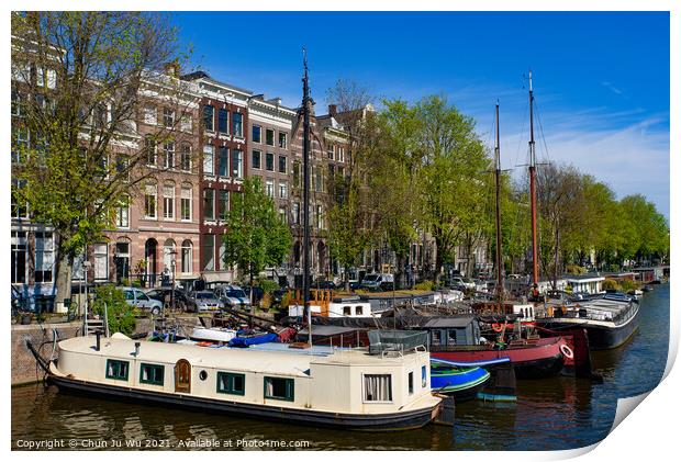 Buildings and boats along the canal in Amsterdam, Netherlands Print by Chun Ju Wu
