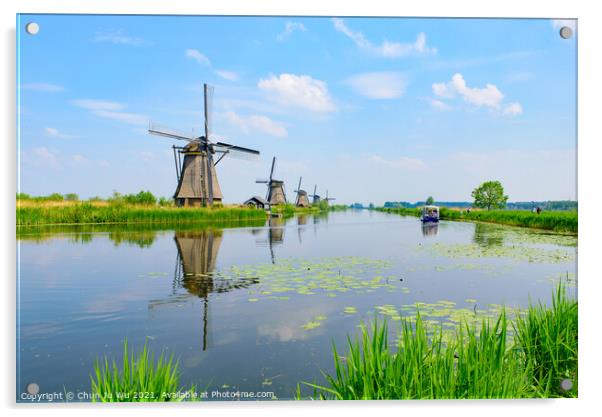 The windmills and the reflection on water in Kinderdijk, a UNESCO World Heritage site in Rotterdam, Netherlands Acrylic by Chun Ju Wu