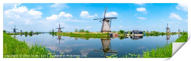Panorama of the windmills and the reflection on water in Kinderdijk, a UNESCO World Heritage site in Rotterdam, Netherlands Print by Chun Ju Wu