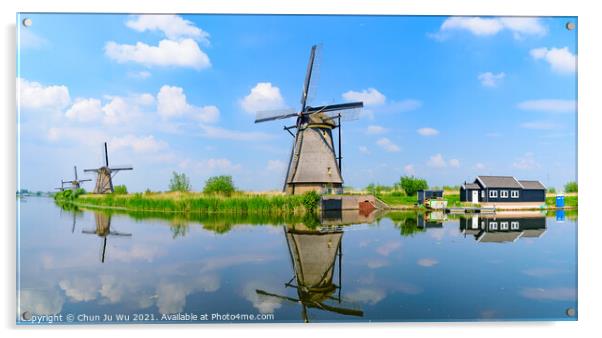 Panorama of the windmills and the reflection on water in Kinderdijk, a UNESCO World Heritage site in Rotterdam, Netherlands Acrylic by Chun Ju Wu