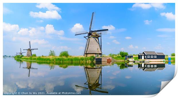 Panorama of the windmills and the reflection on water in Kinderdijk, a UNESCO World Heritage site in Rotterdam, Netherlands Print by Chun Ju Wu