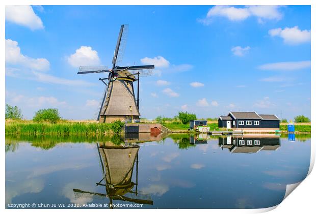 The windmills and the reflection on water in Kinderdijk, a UNESCO World Heritage site in Rotterdam, Netherlands Print by Chun Ju Wu