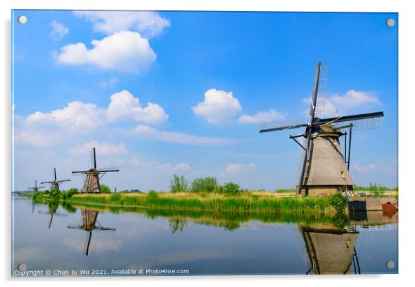 The windmills and the reflection on water in Kinderdijk, a UNESCO World Heritage site in Rotterdam, Netherlands Acrylic by Chun Ju Wu
