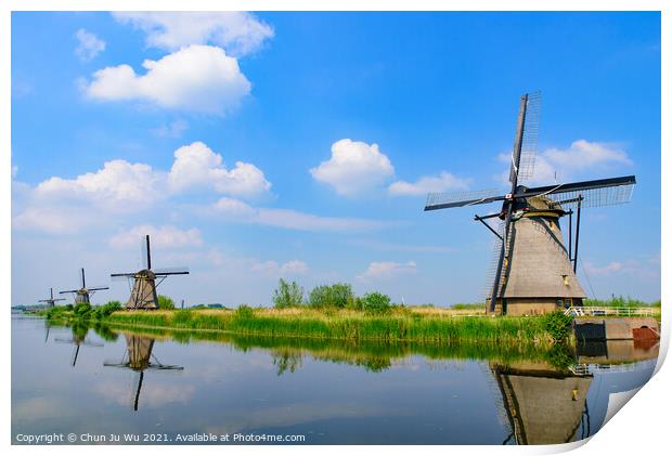 The windmills and the reflection on water in Kinderdijk, a UNESCO World Heritage site in Rotterdam, Netherlands Print by Chun Ju Wu