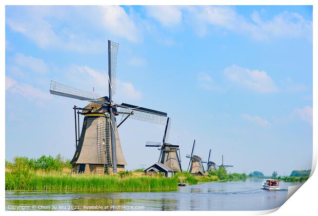 The windmills in Kinderdijk, a UNESCO World Heritage site in Rotterdam, Netherlands Print by Chun Ju Wu