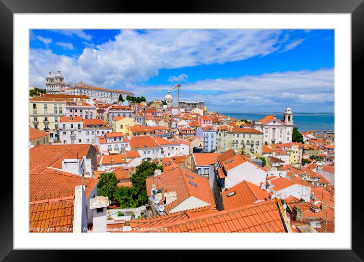 View of the city & Tagus River from Miradouro de Santa Luzia, an observation deck in Lisbon, Portugal Framed Mounted Print by Chun Ju Wu
