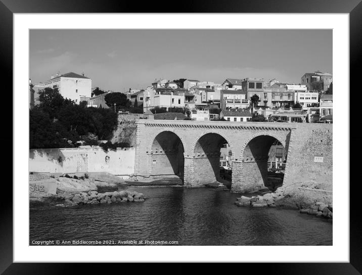 Bridge on the coast of Marseille in monochrome Framed Mounted Print by Ann Biddlecombe