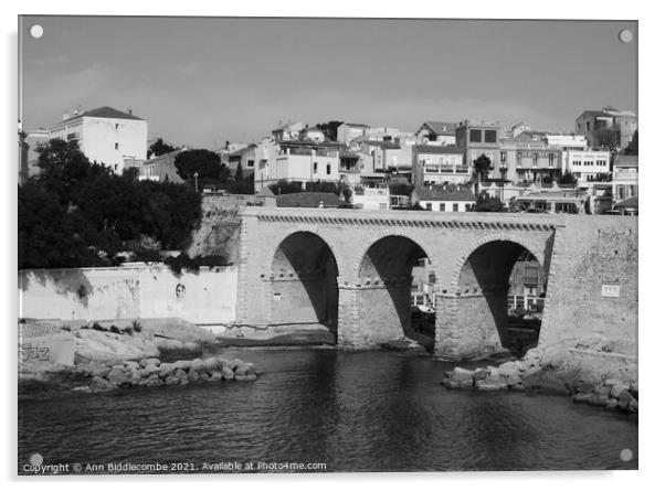 Bridge on the coast of Marseille in monochrome Acrylic by Ann Biddlecombe