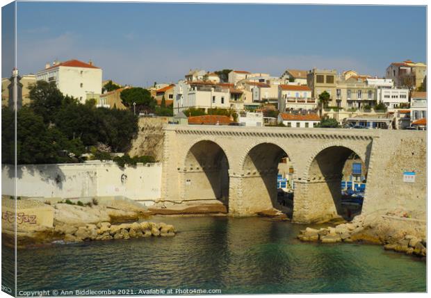 Bridge on the coast of Marseille  Canvas Print by Ann Biddlecombe