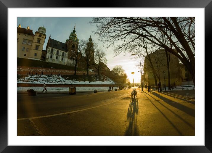Krakow, Poland - Road to the main entrance to royal Wawel Castle in Cracow and bicycle parked against sunset Framed Mounted Print by Arpan Bhatia