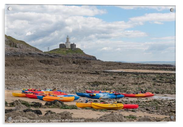 Mumbles lighthouse with Kayaks in foreground at the Bracelet bay Acrylic by Bryn Morgan