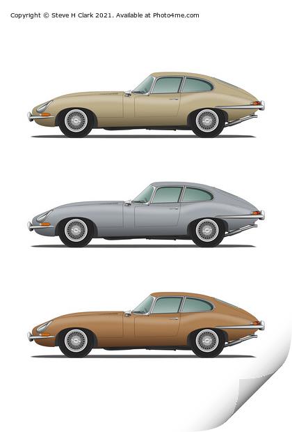 Jaguar E Type Fixed Head Coupe Gold Silver and Bro Print by Steve H Clark