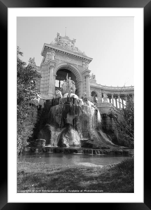 Waterfall at Palais Longchamp in monochrome - blac Framed Mounted Print by Ann Biddlecombe